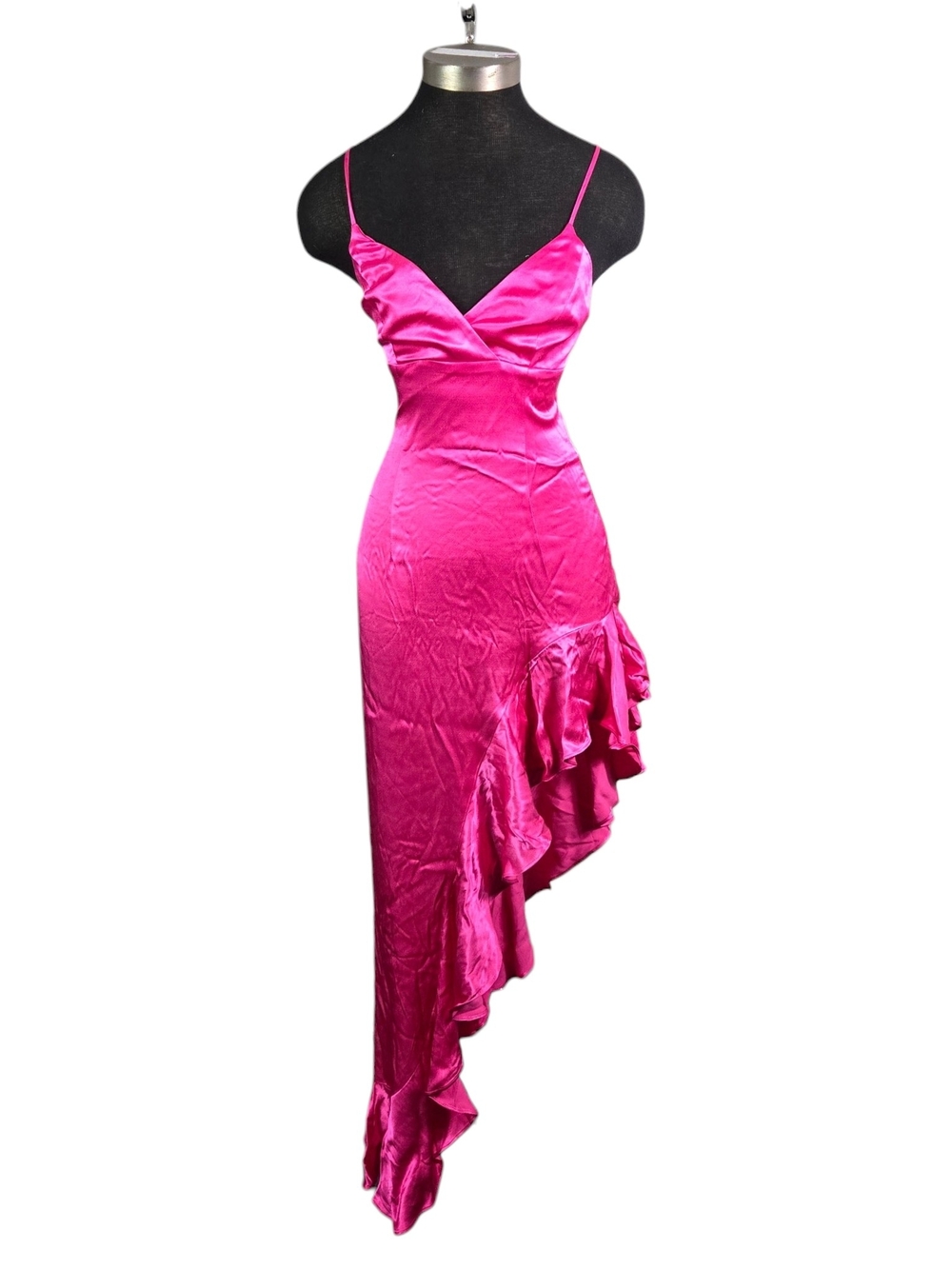 Bardot Ember Asymmetric Slipdress Hot Pink Silky Satin Ruffle Midi Slip Dress XS